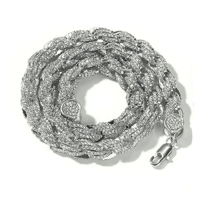 Silver round rope link chain necklace for men rapper jewelry with thick braided design and austrian rhinestone paved stones