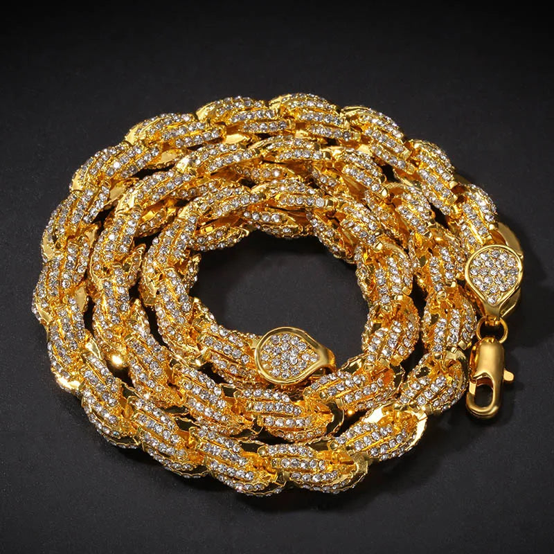 Gold-colored hip hop round rope link chain necklace for men rapper jewelry with austrian rhinestone paved clasp