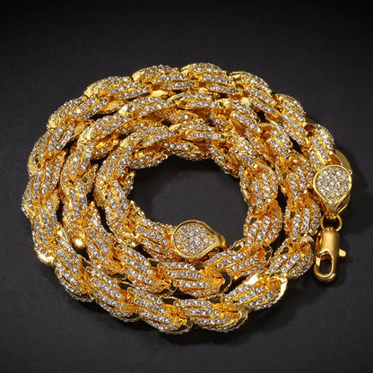 Gold-colored hip hop round rope link chain necklace for men rapper jewelry with austrian rhinestone paved clasp