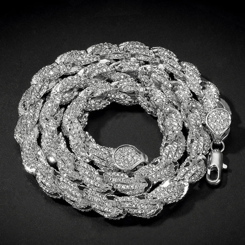 A sparkling silver hip hop round rope link chain necklace with thick braided design and austrian rhinestone paved crystals