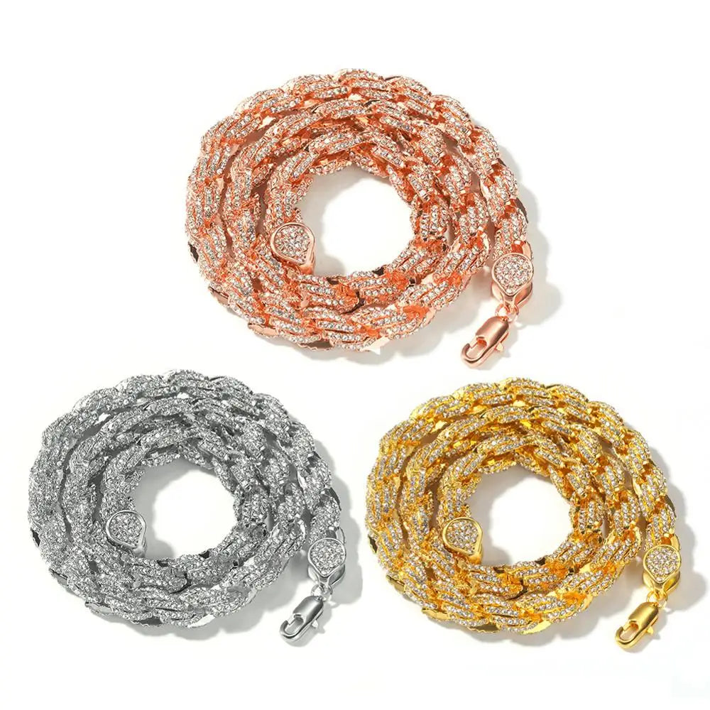 Three coiled round rope link chain necklaces in rose gold silver and yellow gold with austrian rhinestone paved for men rapper jewelry