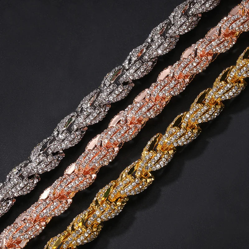 Three hip hop full austrian rhinestone paved round rope link chain necklaces for men rapper jewelry in silver rose gold and yellow gold