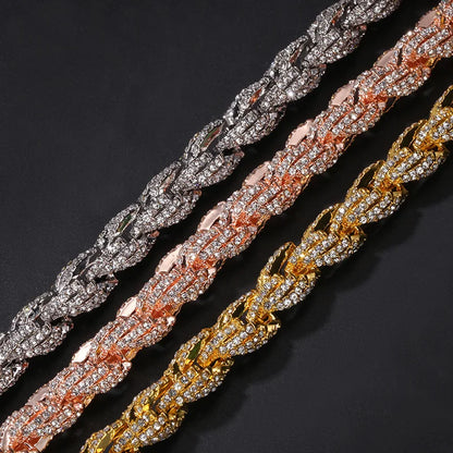 Three hip hop full austrian rhinestone paved round rope link chain necklaces for men rapper jewelry in silver rose gold and yellow gold