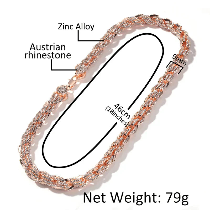 Rose gold round rope link chain necklace for men rapper jewelry with intricate braided zinc alloy and Austrian rhinestone paved design