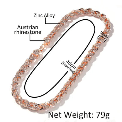 Rose gold round rope link chain necklace for men rapper jewelry with intricate braided zinc alloy and Austrian rhinestone paved design