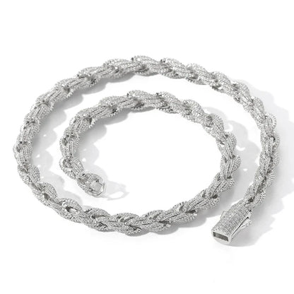 Silver stone paved bling 8mm twist rope chain necklace with intricate braided links for men rapper jewelry