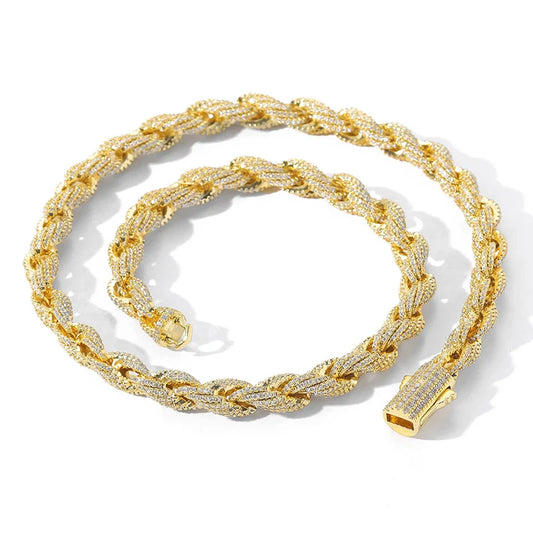 Gold-colored 8mm twist rope chain necklace with intricate braided links and stone paved bling for men rapper jewelry