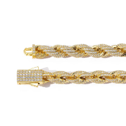 Gold-colored 8mm twist rope chain bracelet with full stone paved bling for men rapper jewelry style