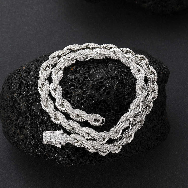 Silver 8mm twist rope chain necklace for men rapper jewelry with stone paved bling diamond-encrusted clasp