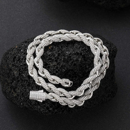 Silver 8mm twist rope chain necklace for men rapper jewelry with stone paved bling diamond-encrusted clasp