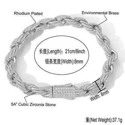 Silver rhodium-plated chain bracelet with braided design and 5a+ cubic zirconia stones for men rapper jewelry stone paved bling