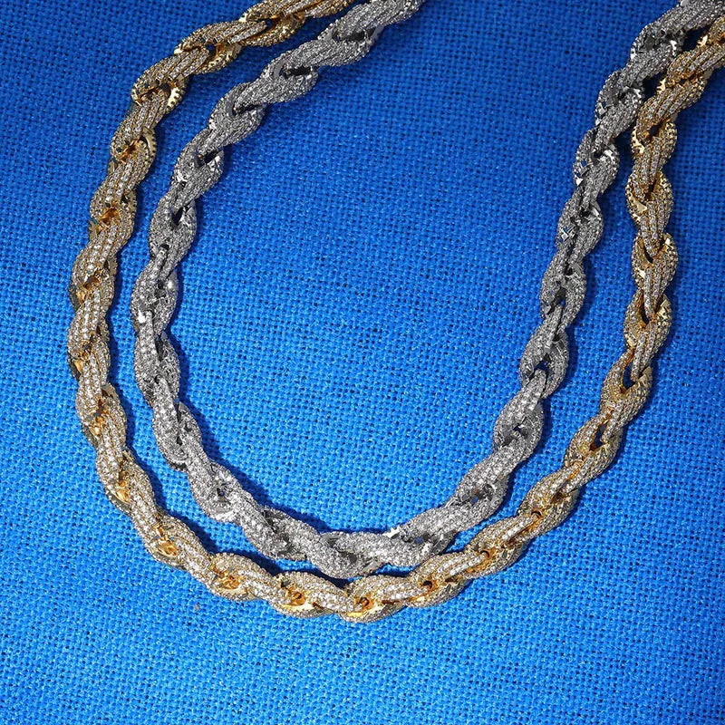 Two intertwined gold and silver 8mm twist rope chain chokers with stone paved bling for men rapper jewelry