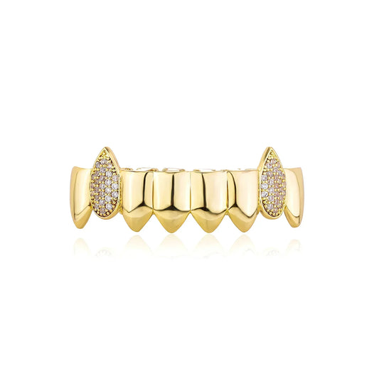 Gold-colored hip hop full cz stone teeth grillz with sharp pointed teeth and diamond-encrusted molars for women punk jewelry