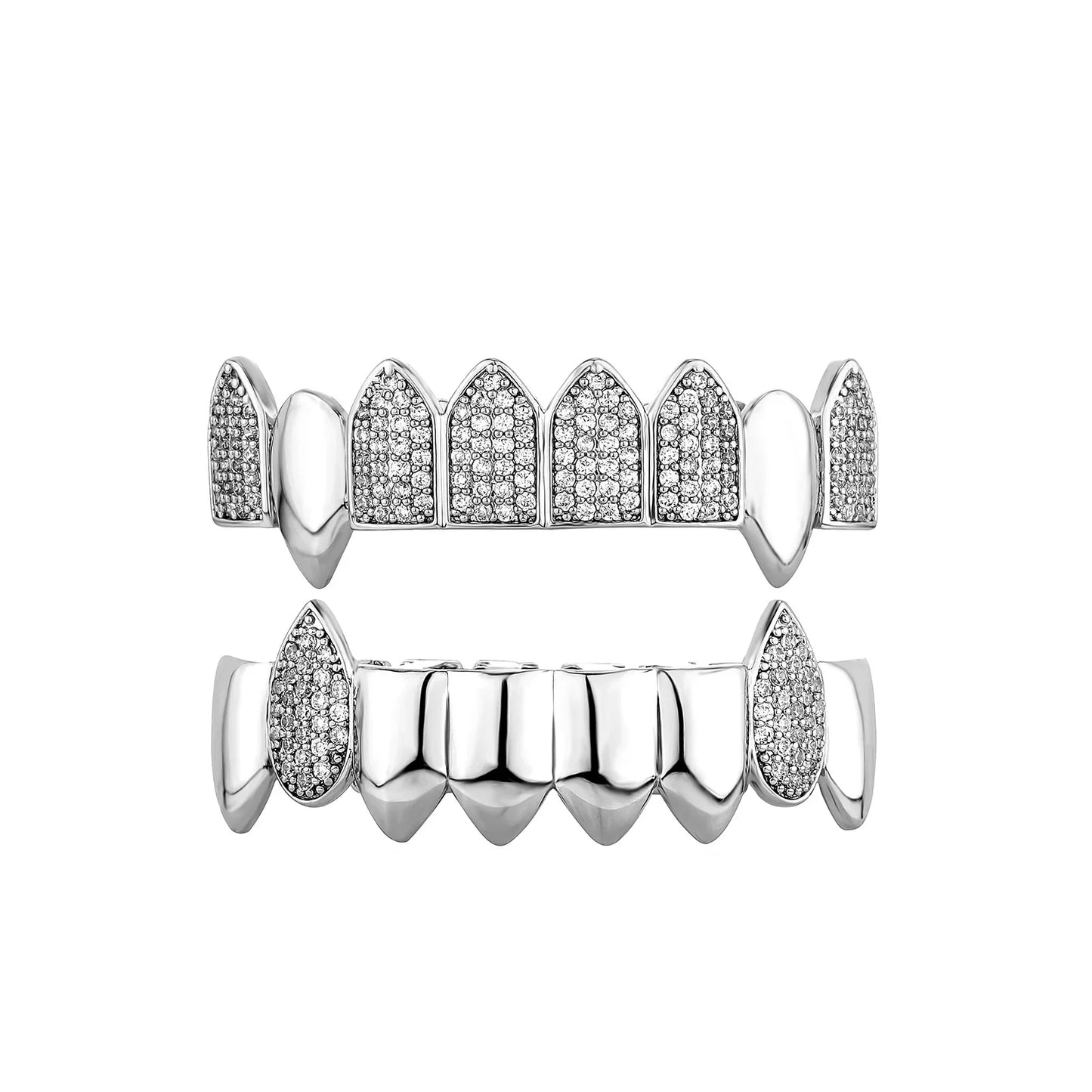 Silver diamond-encrusted stone teeth grillz caps with spiked design cubic zircon iced out women punk jewelry