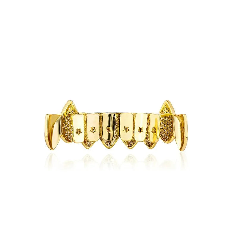 Gold-colored diamond-encrusted stone teeth grillz caps with star-shaped inlays for women punk jewelry style