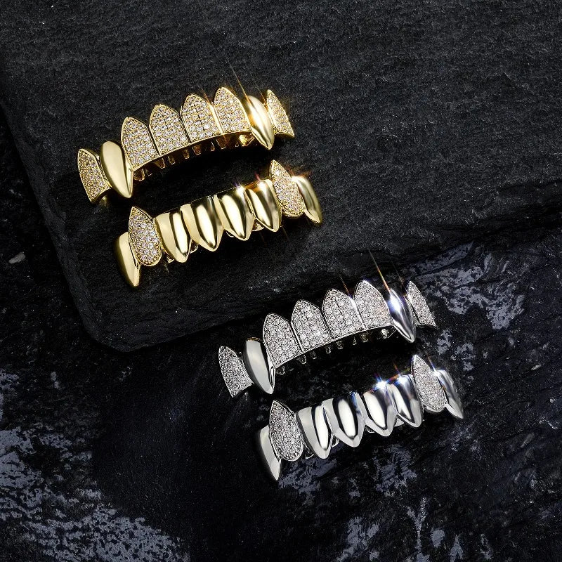 Gold and silver diamond-encrusted stone teeth grillz caps with spiked design for men and women punk jewelry