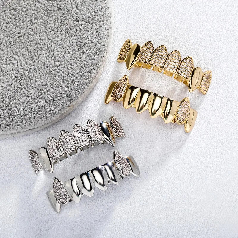 Gold and silver diamond-encrusted stone teeth grillz with sharp pointed teeth design teeth grillz caps for women punk jewelry