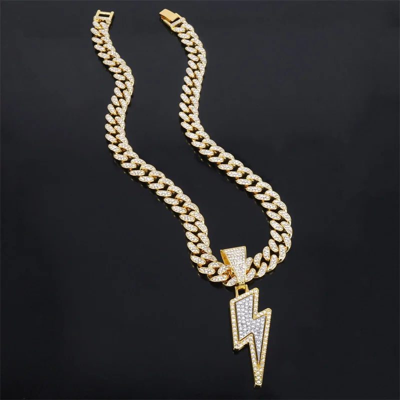 Gold-colored zircon lightning pendants necklace with thick purple cz zircon miami cuban chain for rapper party wear