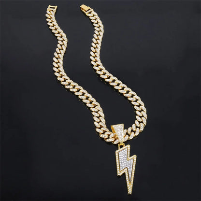 Gold-colored zircon lightning pendants necklace with thick purple cz zircon miami cuban chain for rapper party wear