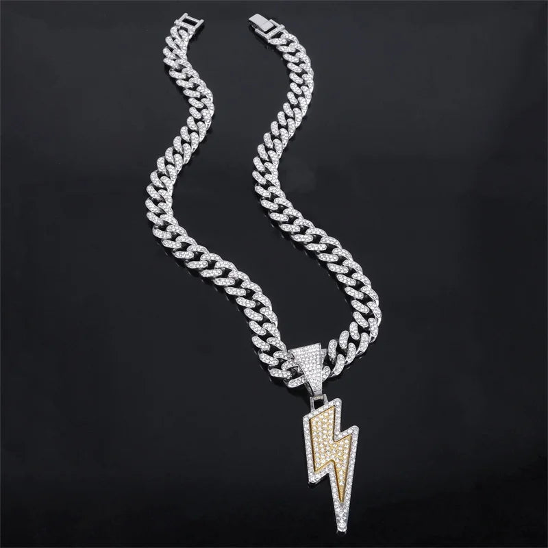 Silver and gold zircon lightning pendants necklace with purple cz zircon on an iced out miami cuban chain
