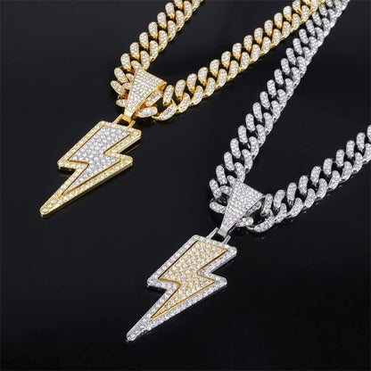 Gold and silver zircon lightning pendants with purple cz zircon pave set on a 20 inch iced out Miami Cuban chain