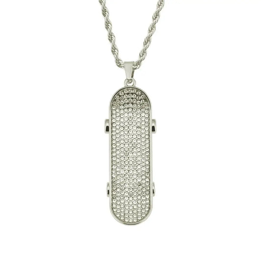 Silver rhinestone paved bling skateboard pendant on twisted rope chain men rapper jewelry iced out style