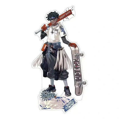 An illustrated acrylic stand figrues luca featuring balsa ren ganji gupta batter character holding a bat and skateboard
