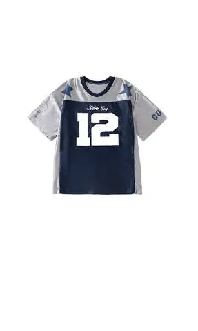 Navy blue and gray short-sleeved hip hop girls jersey with white number 12 and star details for cool street dance
