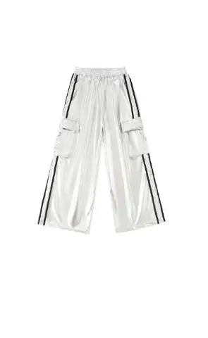 Silver metallic shiny cargo pants with black side stripes and multiple pockets for hip hop girls cool street dancewear