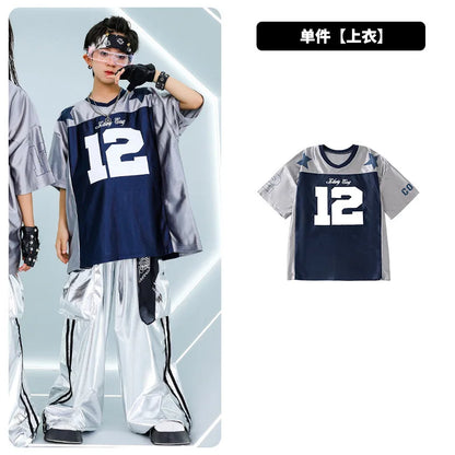 Navy blue and gray hip hop girls athletic t-shirt with white number 12 and star details for cool street dance sets