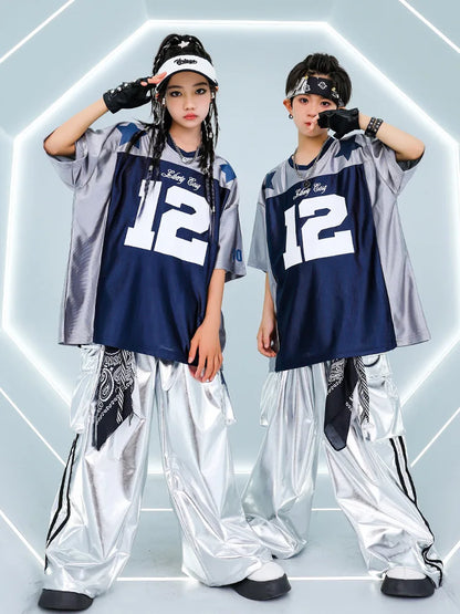 Silver metallic wide-leg shiny cargo pants with black patterned sashes and side stripes for hip hop girls cool street dance