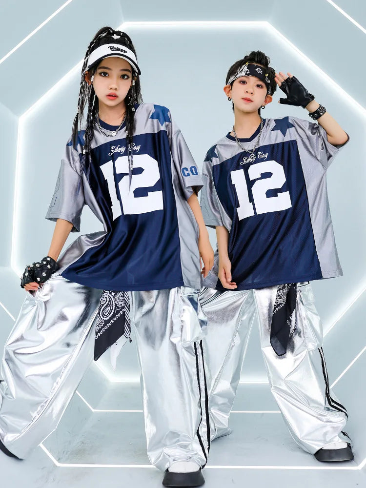 Silver metallic wide-leg shiny cargo pants with black side stripes and bandana accents for hip hop girls cool street dance