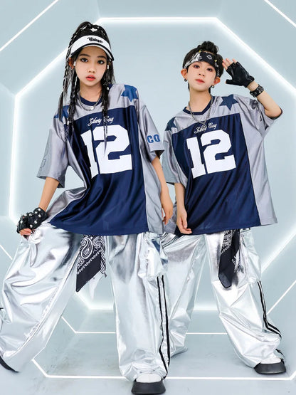 Silver metallic wide-leg shiny cargo pants with black side stripes and bandana accents for hip hop girls cool street dance