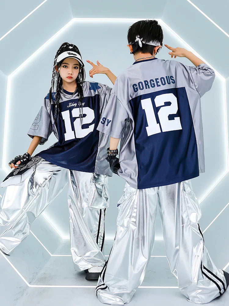 Silver metallic wide-leg shiny cargo pants with black side stripes for hip hop girls cool street dance outfits