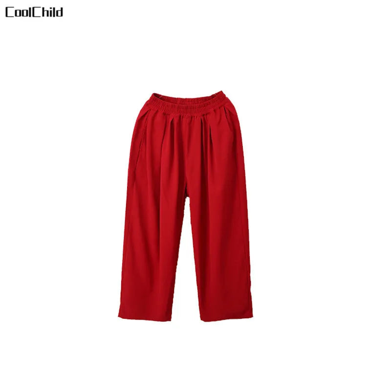 Red loose fitting wide leg pants with elastic waistband for kids street dance hip hop and jazz fashion costume sets