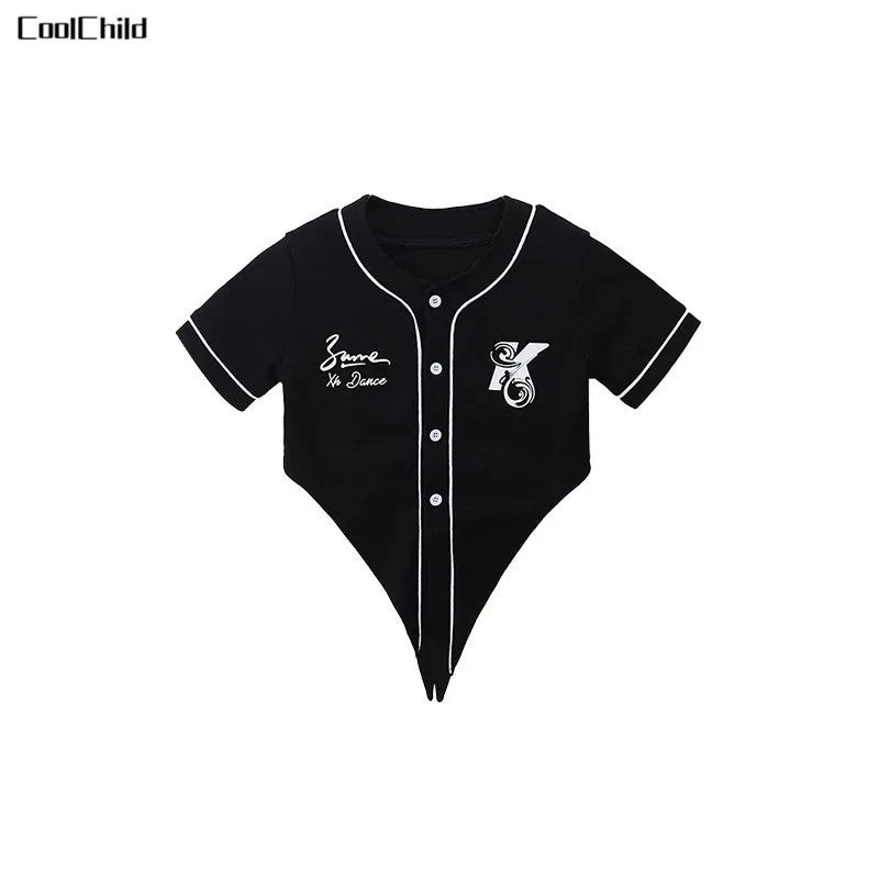 Black short-sleeved baseball-style crop top with white piping and embroidered chest detail for teen streetwear costume