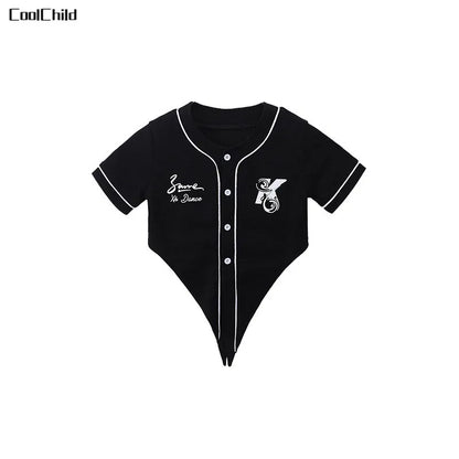 Black short-sleeved baseball-style crop top with white piping and embroidered chest detail for teen streetwear costume