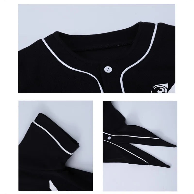 Black baseball-style shirt with white piping on collar placket and sleeve cuffs for hip hop streetwear fashion
