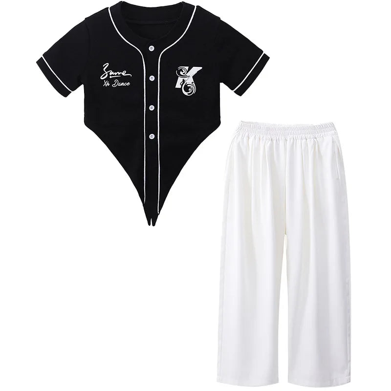 Black baseball-style short-sleeved top with white piping buttons and embroidered logo for hip hop streetwear kids