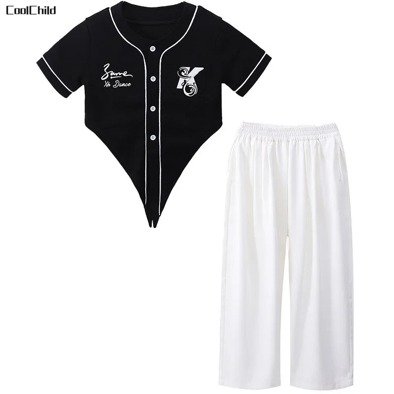 Black baseball-style short-sleeved crop t-shirt with white piping buttons and embroidered logo for kids street dance wear