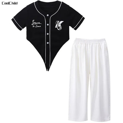 Black baseball-style short-sleeved crop t-shirt with white piping buttons and embroidered logo for kids street dance wear