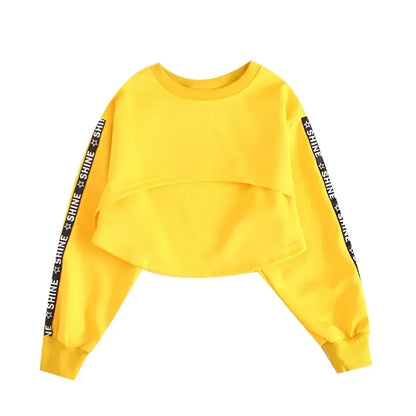 Bright yellow cropped sweatshirt with black shine star-patterned stripes on sleeves for hip hop girls joggers kids streetwear