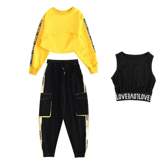 Yellow cropped long-sleeve sweatshirt with black text stripes on sleeves for hip hop girls contrast street dance joggers kids streetwear