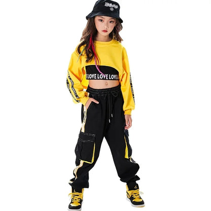 Yellow cropped sweatshirt with black panel and love love lover text for hip hop girls contrast street dance joggers kids streetwear