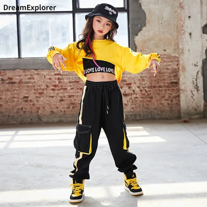 Yellow and black cropped sweatshirt with i love lover text for hip hop girls contrast street dance joggers kids streetwear sets