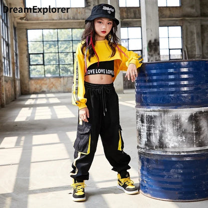 Yellow cropped sweatshirt with black panel and love love loved text for hip hop girls contrast street dance joggers kids streetwear