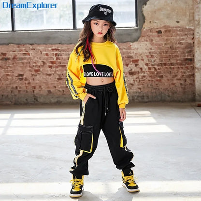 Yellow cropped sweatshirt with black panel and love love lovel text, long sleeves with vertical trim for hip hop girls joggers kids streetwear
