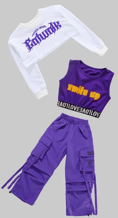 Purple cargo pants with side zippers and studded trim designed for children street dance kids streetwear group outfits