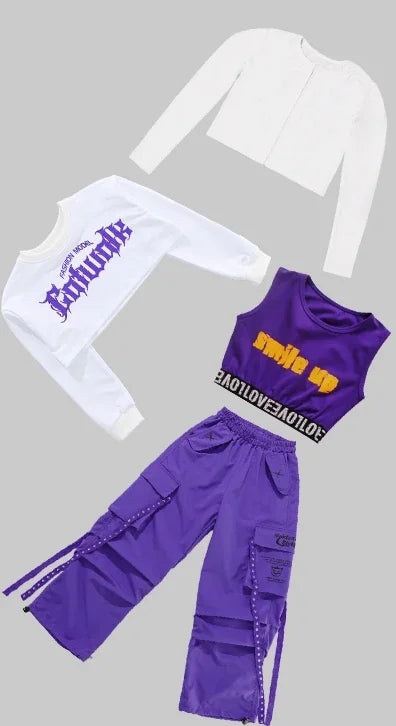 Purple cargo pants for children street dance with side zippers and reflective stripe detail in kids streetwear group style