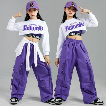 Purple cargo pants with multiple pockets and side button details for children street dance and kids streetwear group outfits